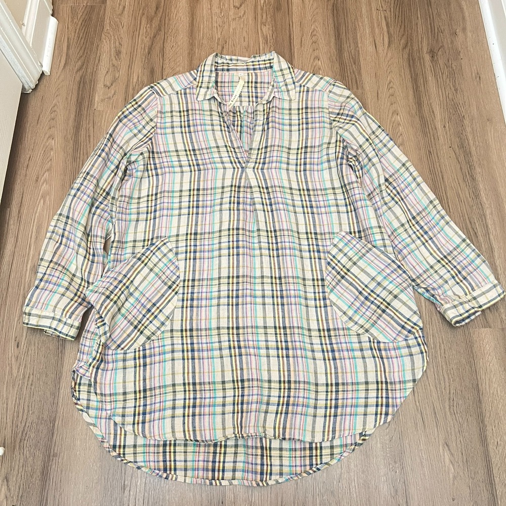 Uncle Frank Linen Tunic‎ Top Large Multicolor Plaid Lagenlook Split Neck Boho